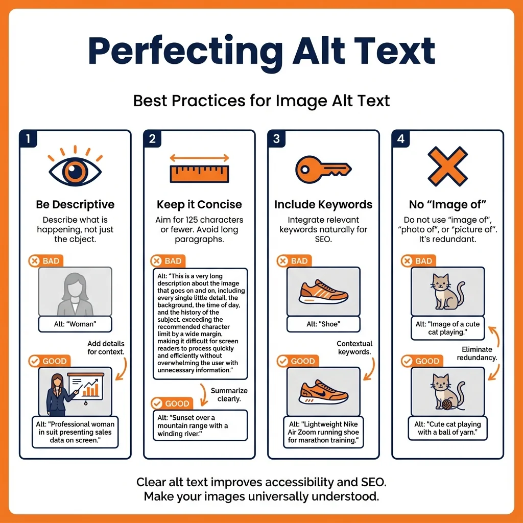 Infographic illustrating best practices for writing image alt text