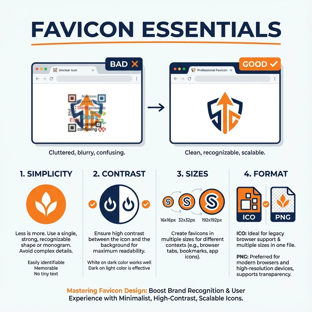 Infographic with design tips for creating effective favicons