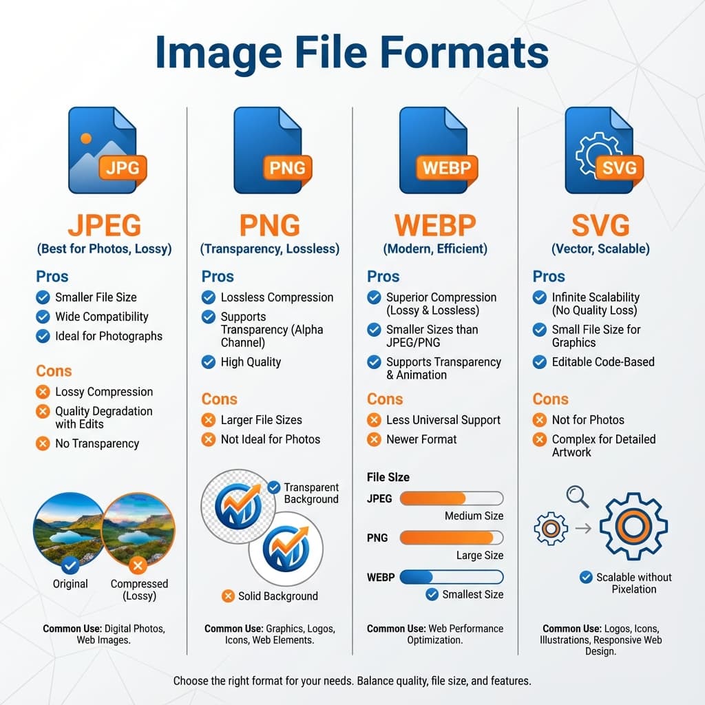 Infographic comparing pros and cons of JPEG, PNG, WEBP, and SVG formats
