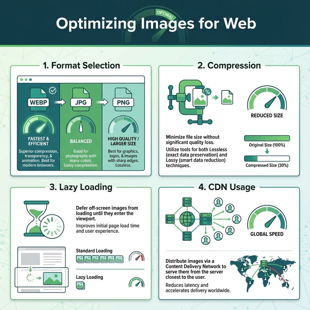 Infographic showing tips for image optimization, formats, and cdn usage