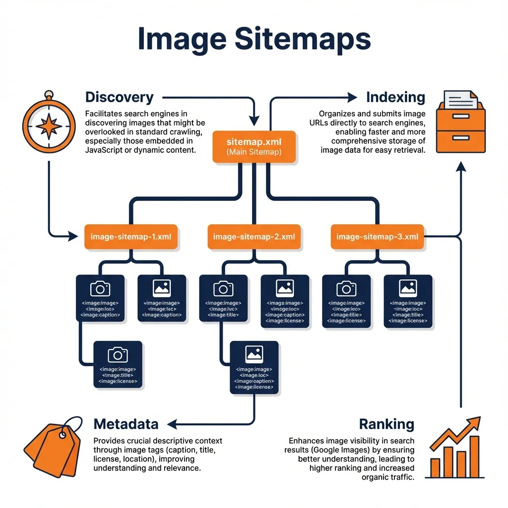 Infographic showing the structure and benefits of image sitemaps