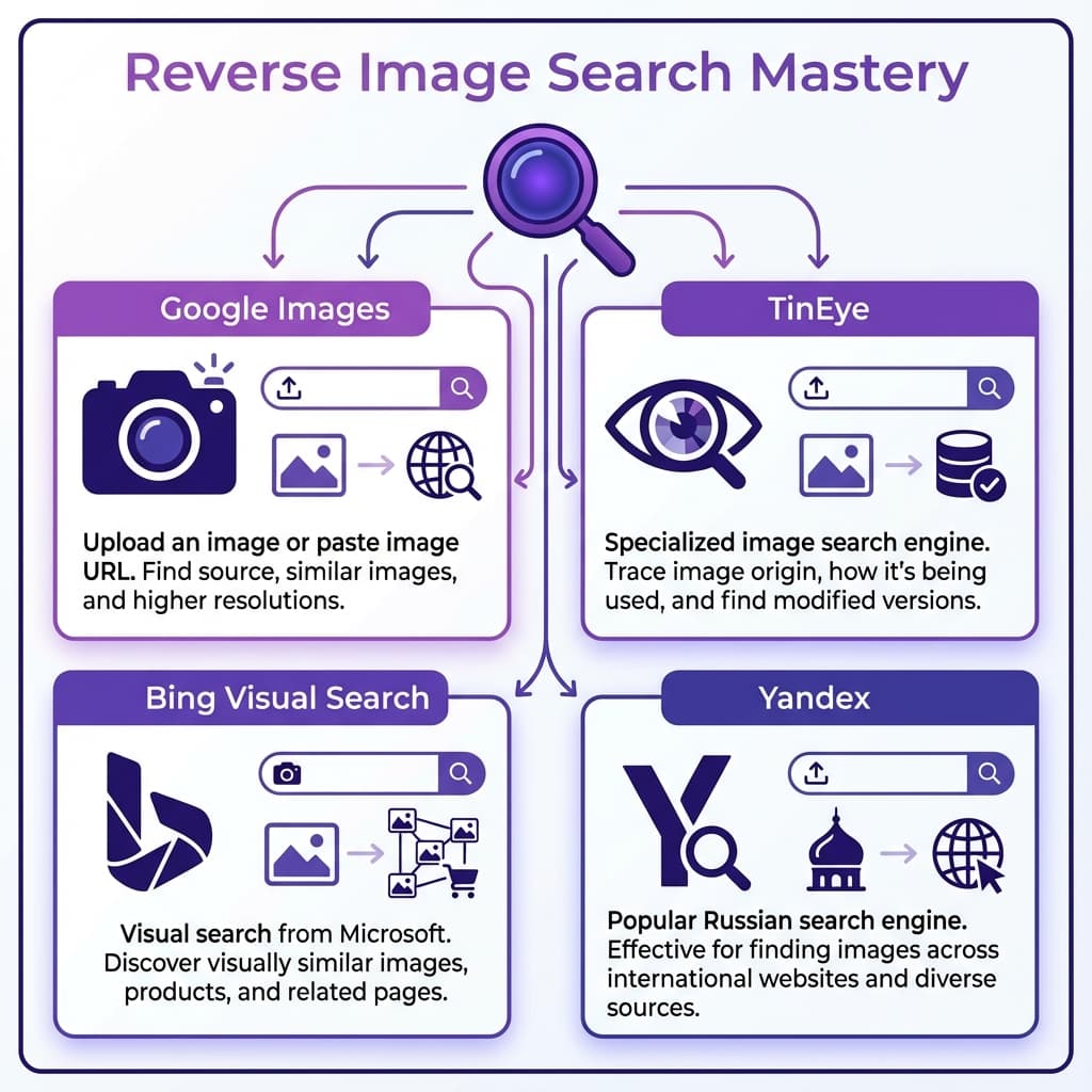Infographic comparison of reverse image search tools including Google, TinEye, and Bing