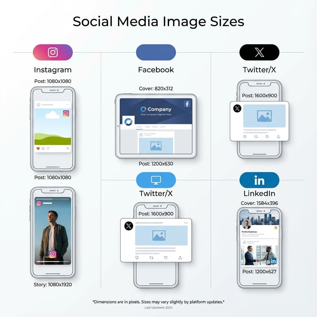 Infographic displaying correct image dimensions for major social media platforms