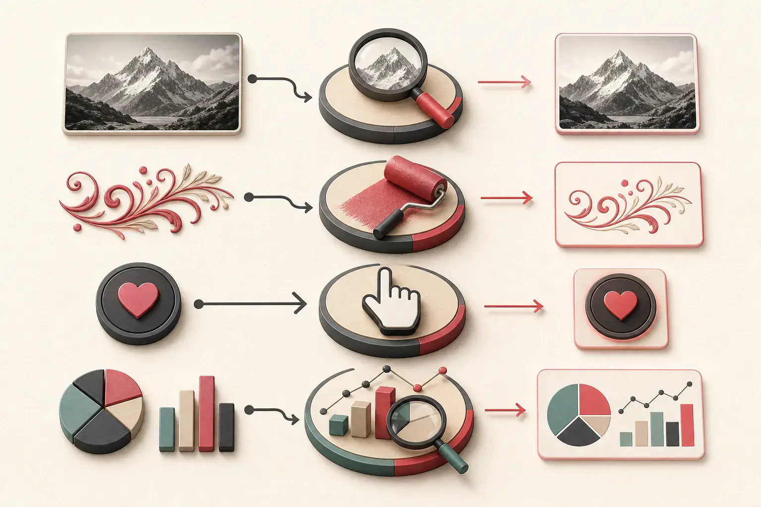 Informative decorative functional and complex images receiving different treatments