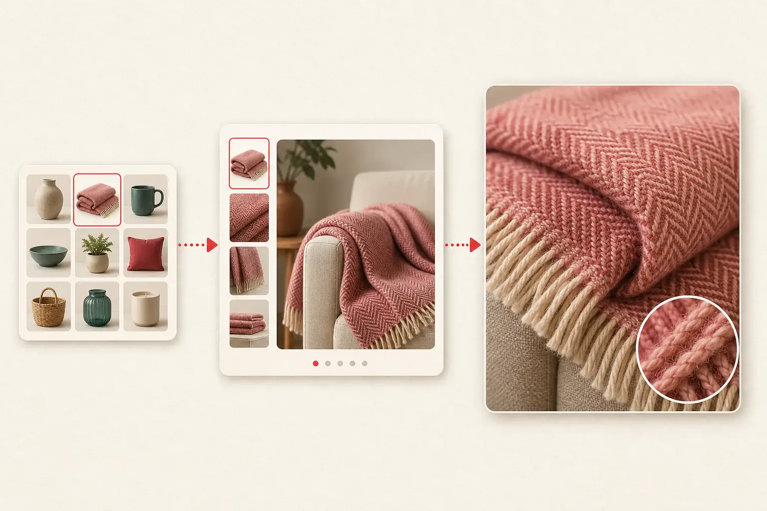 A product grid thumbnail opening into a larger gallery and zoom image