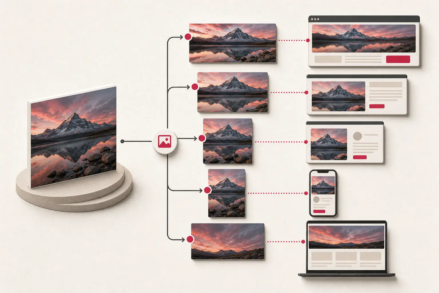 Several webpage occurrences connected to one master image and its derivatives