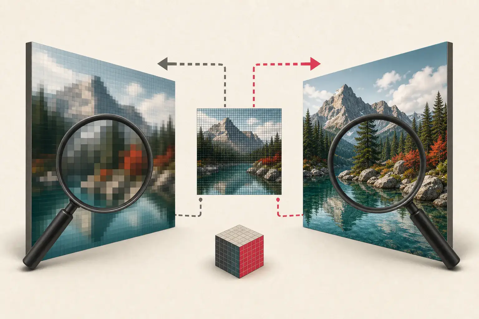 A small pixelated preview compared with a sharp high-resolution source image