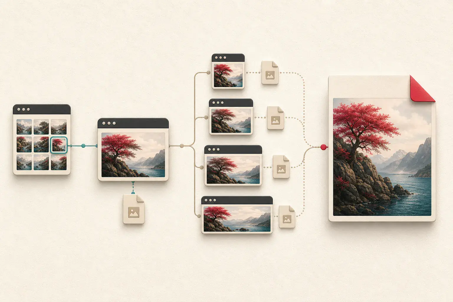 A thumbnail leading through responsive image candidates to a full-size original