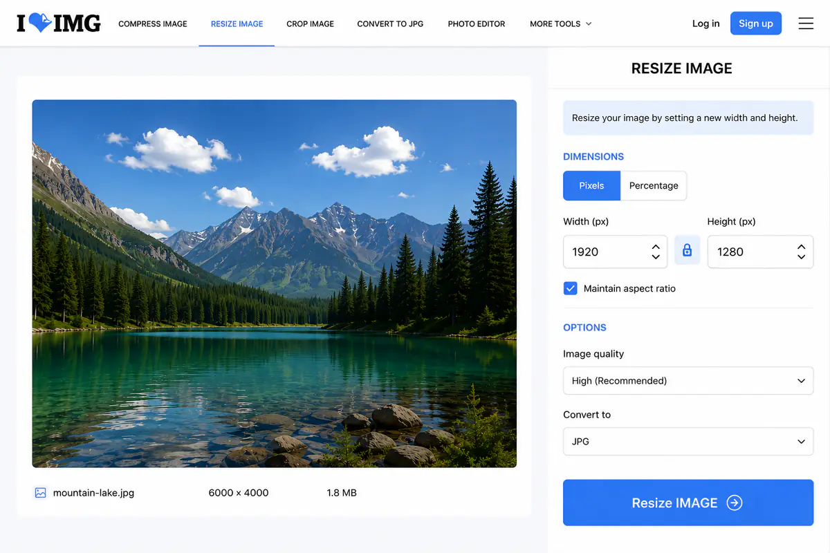 Resizing an image online with iLoveIMG