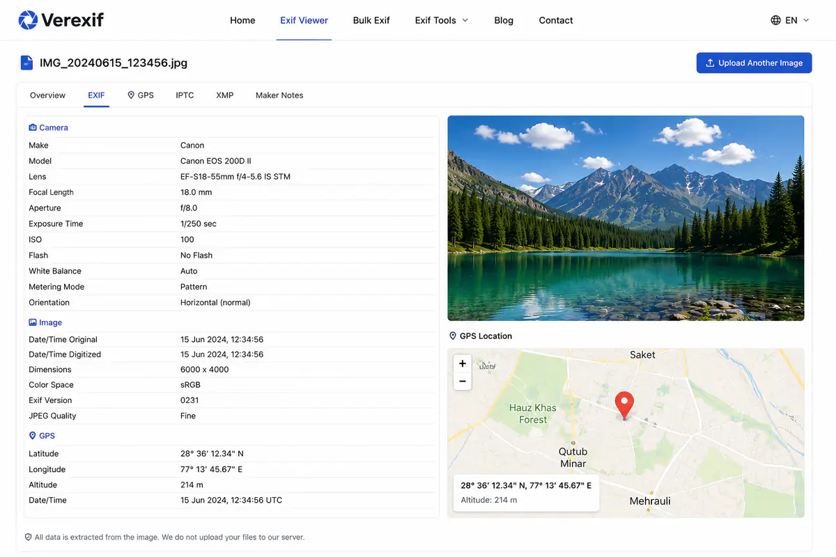 Online EXIF viewer showing GPS location on a map