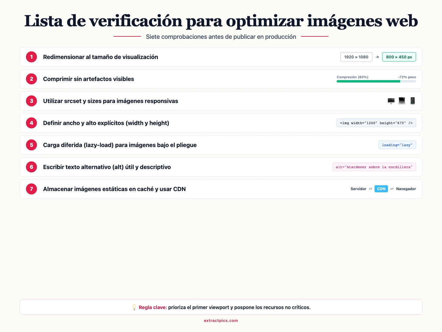 Infografía en español con lista de verificación de siete puntos para optimizar imágenes web antes de publicar