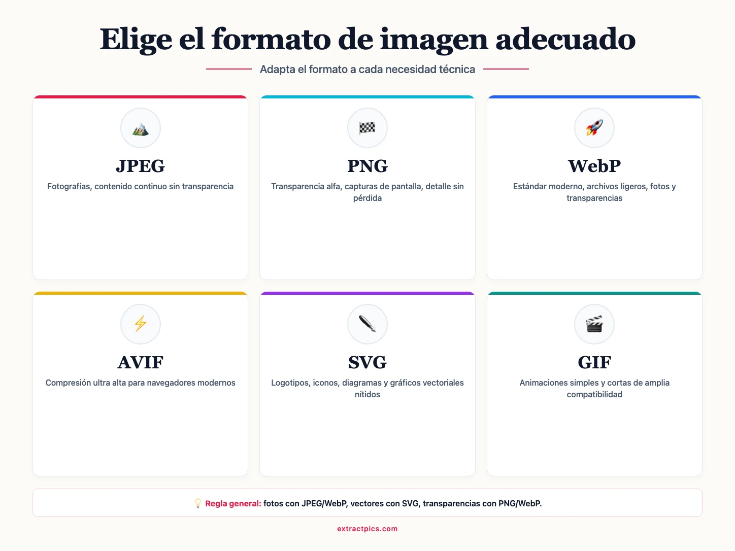 Infografía en español que compara cuándo utilizar los formatos de imagen JPEG, PNG, WebP, AVIF, SVG y GIF