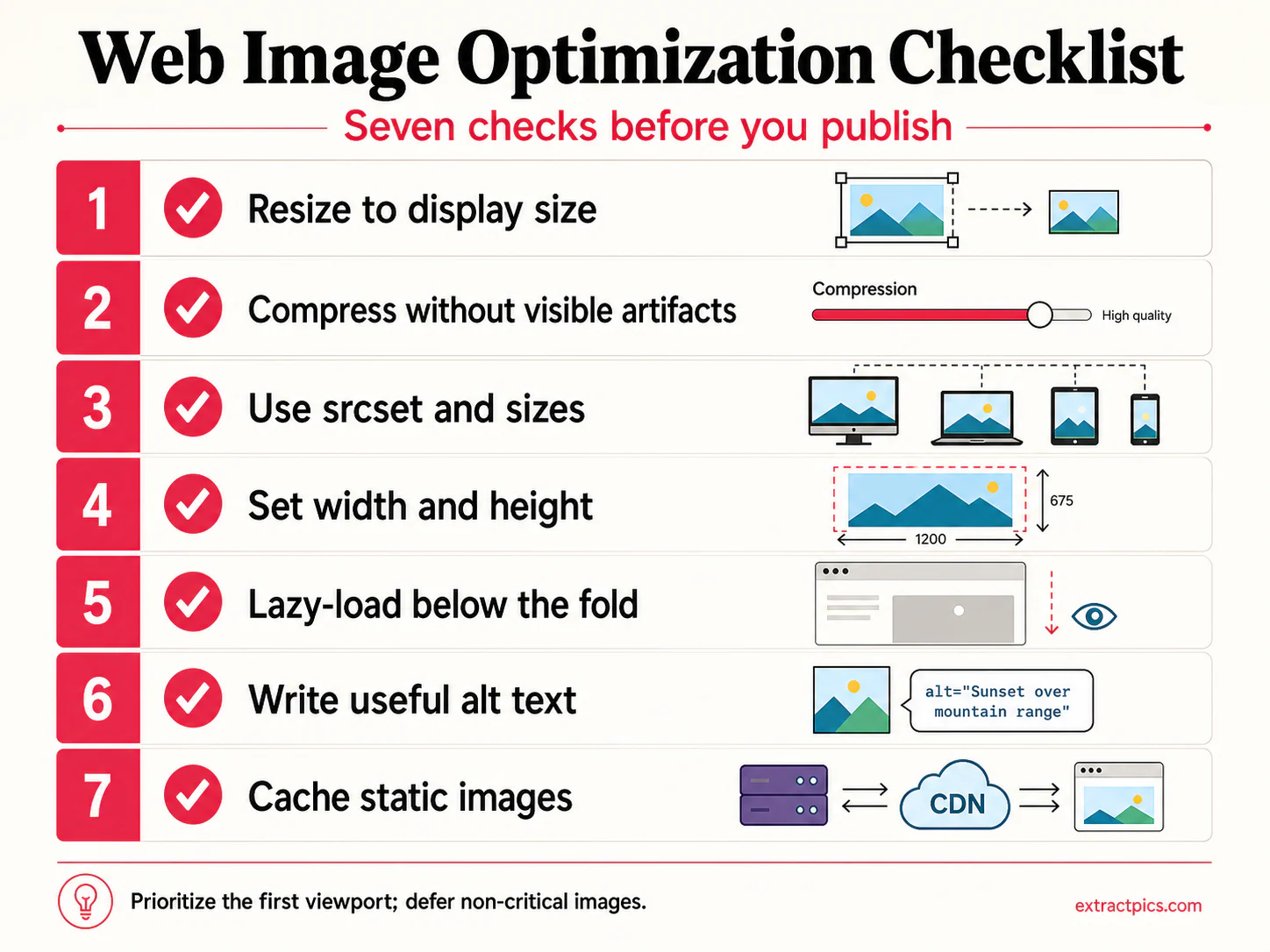 Infographic checklist for optimizing web images before publishing — ExtractPics.com