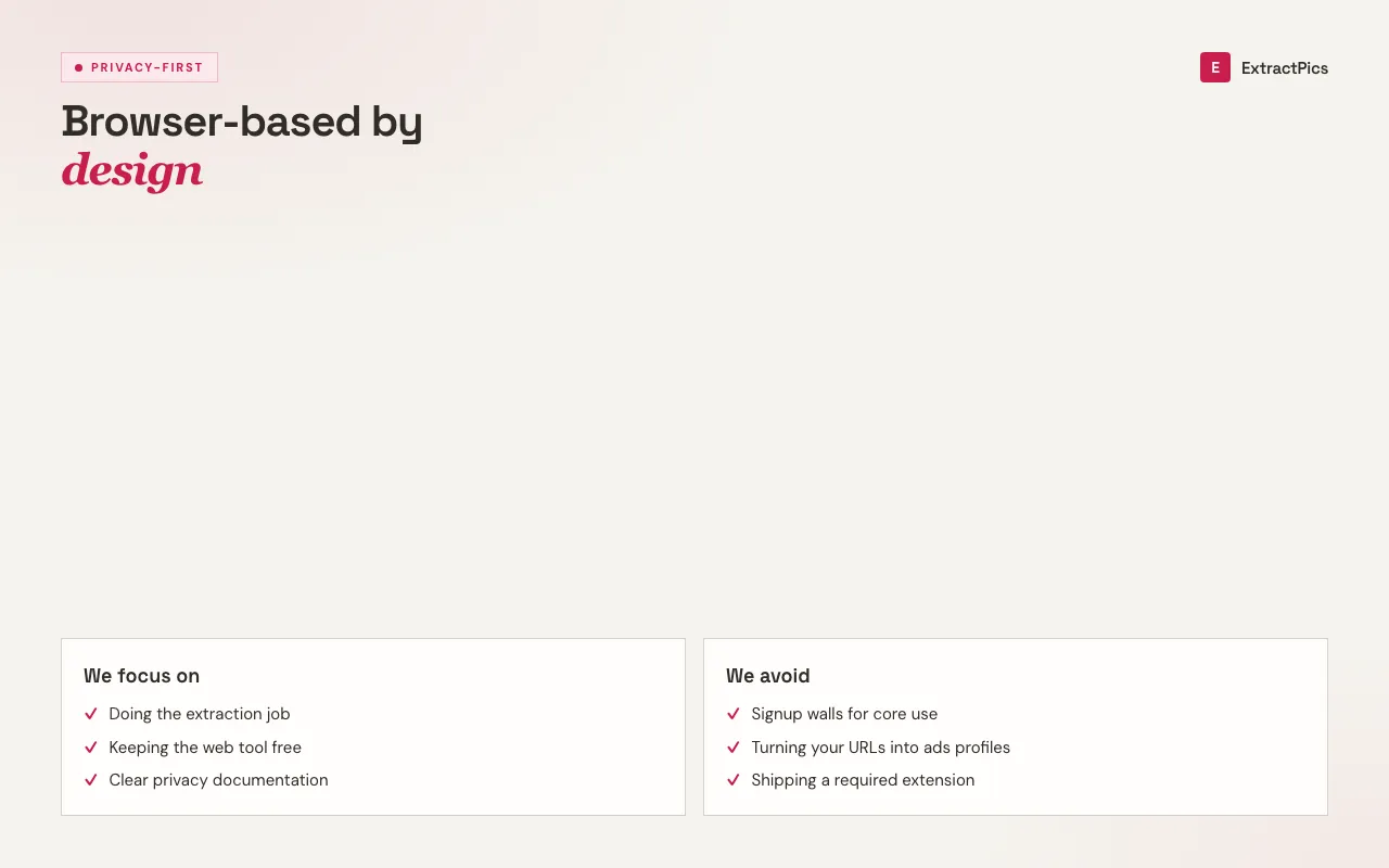 About page explainer contrasting ExtractPics privacy-first browser tool with signup-heavy extensions