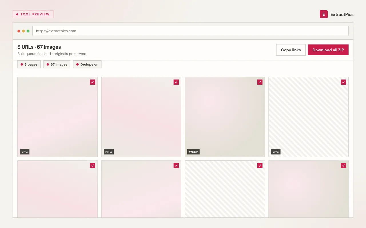 Bulk extractor results UI showing images collected from multiple scanned URLs