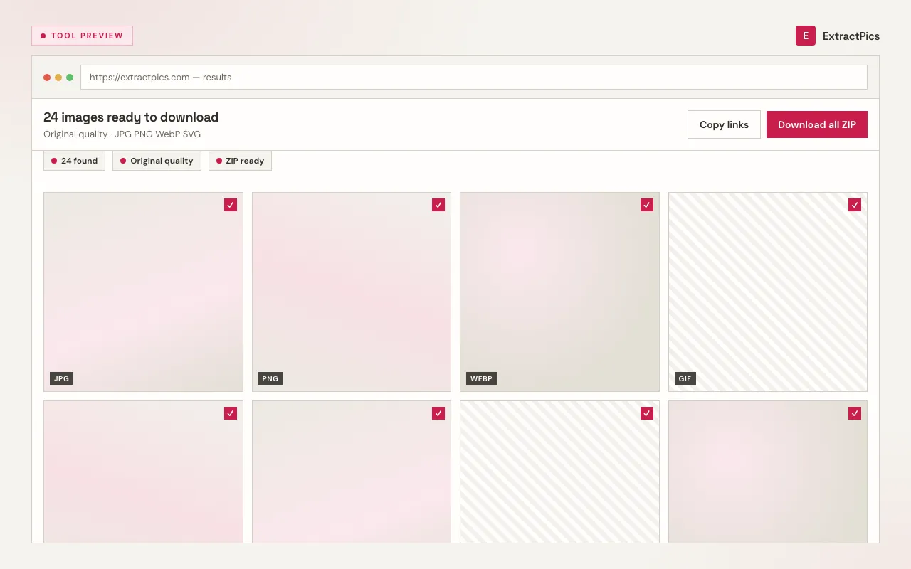 Panel de resultados de ExtractPics con una cuadrícula de imágenes listas para descargar
