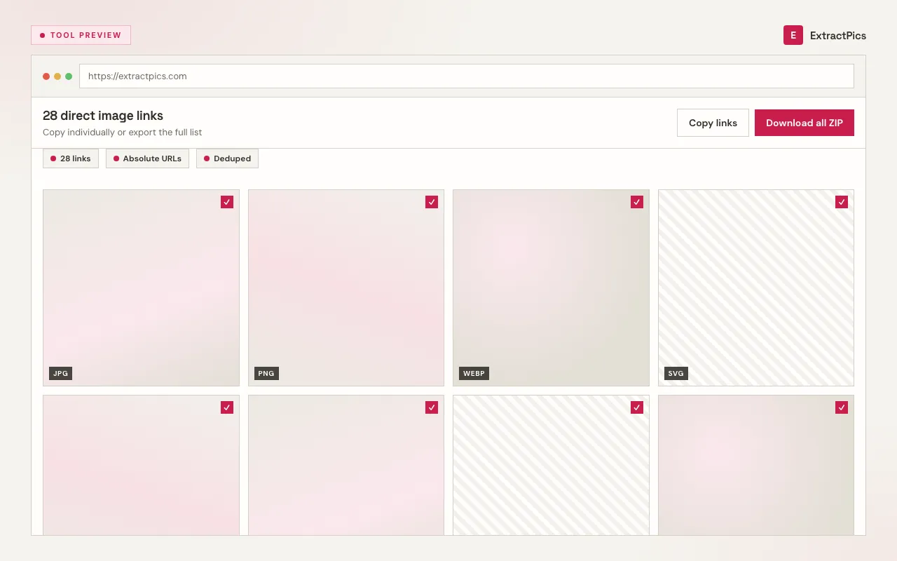 Image link extractor interface listing direct image URLs with copy actions