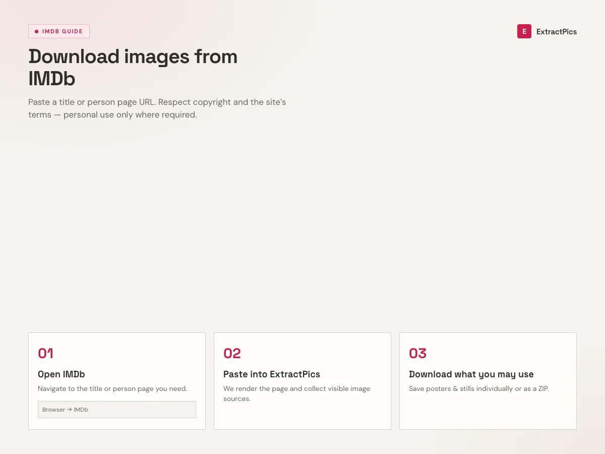 Three-step guide to download images from IMDb using the ExtractPics IMDb image downloader