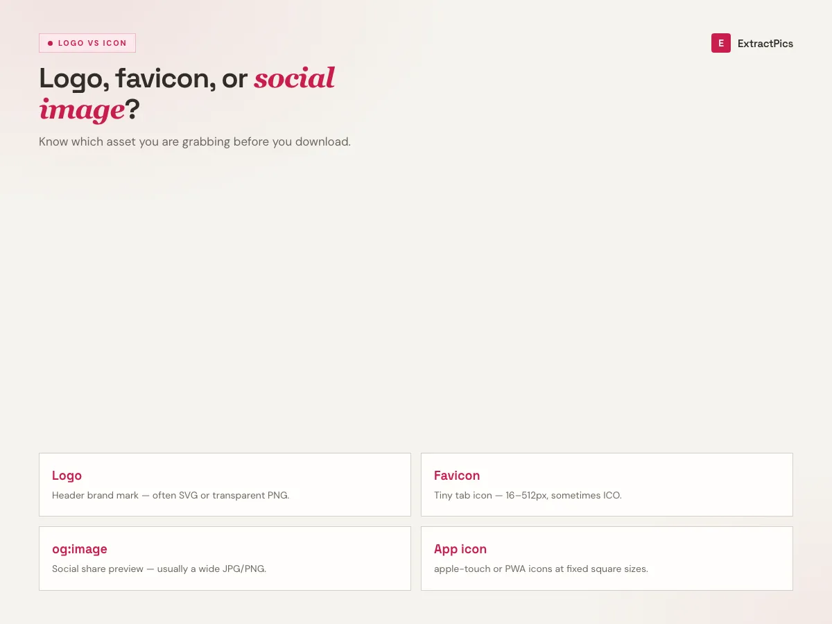 Guide comparing logo, favicon, og image, and app icon assets for the logo downloader