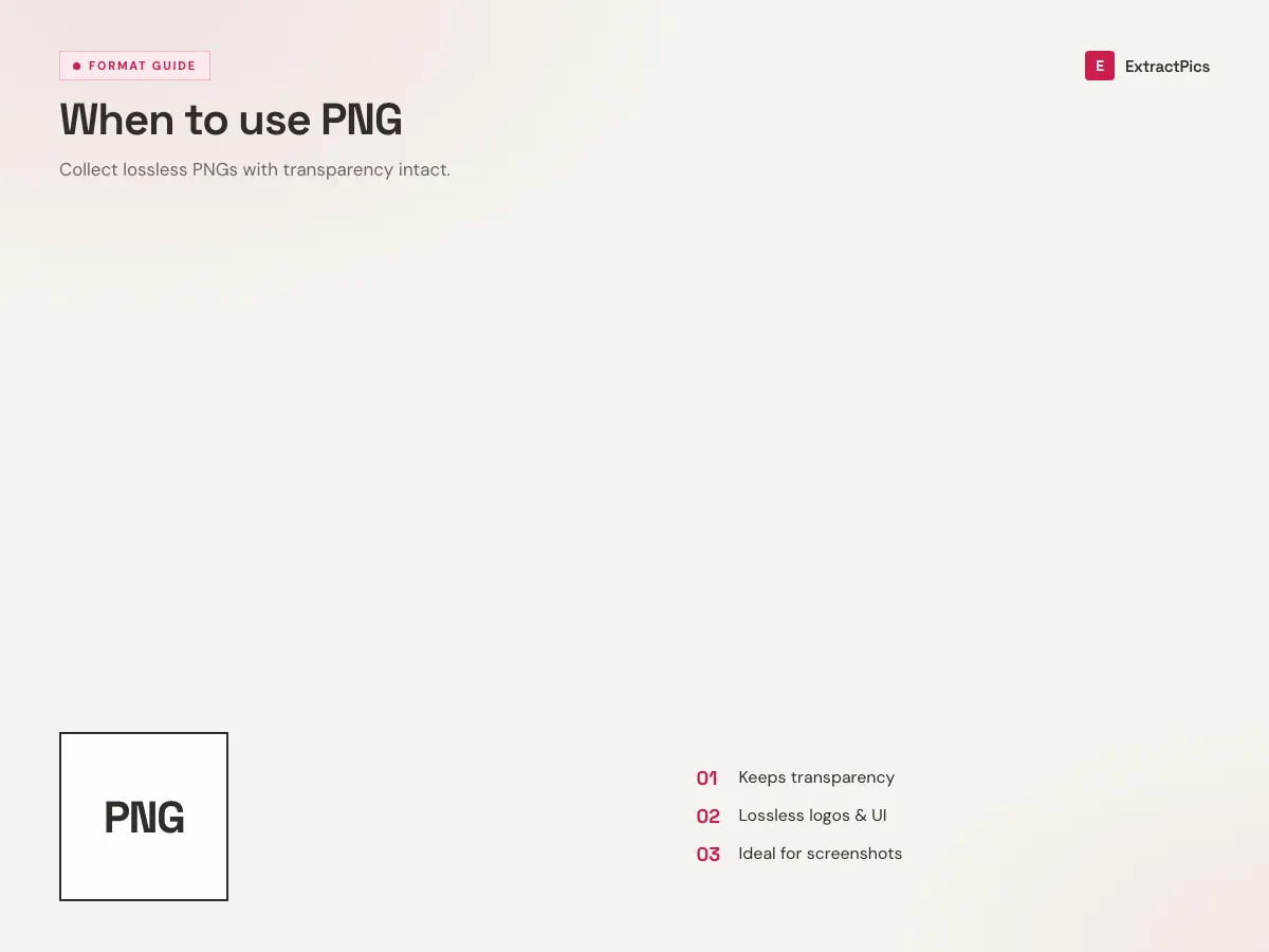 Format guide explaining when to use PNG files with the ExtractPics PNG downloader