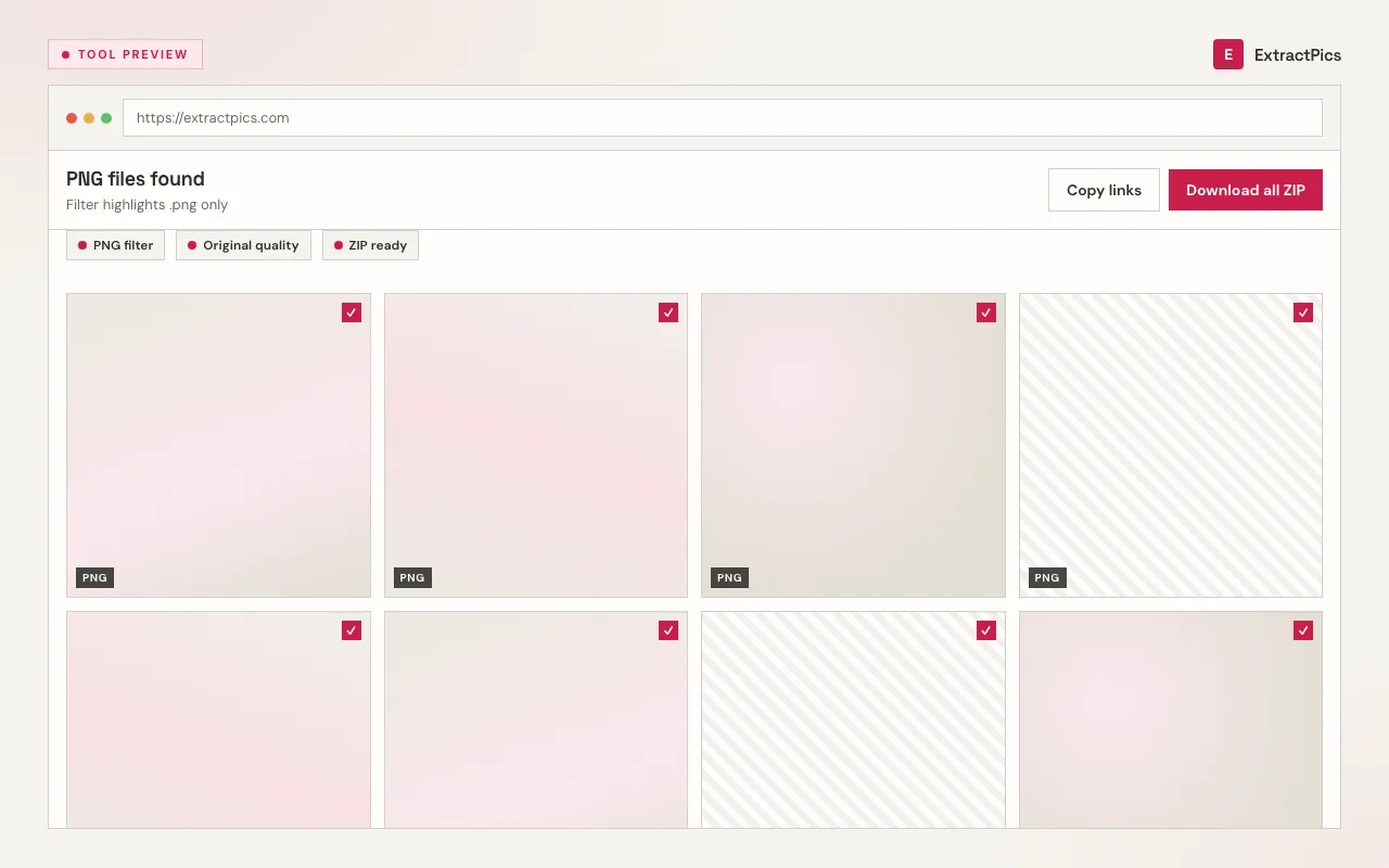 PNG downloader results UI showing filtered PNG images ready to download