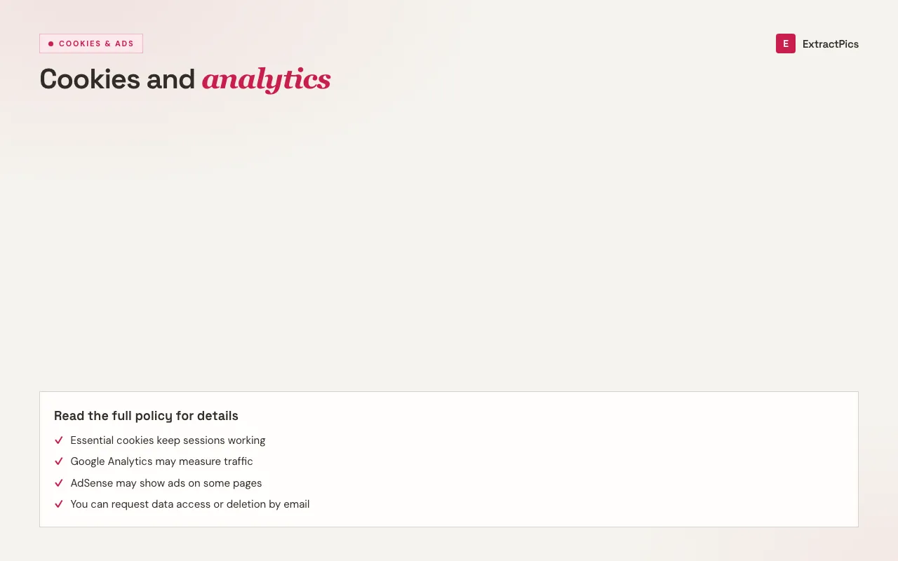 Privacy checklist covering cookies, analytics, and advertising on ExtractPics