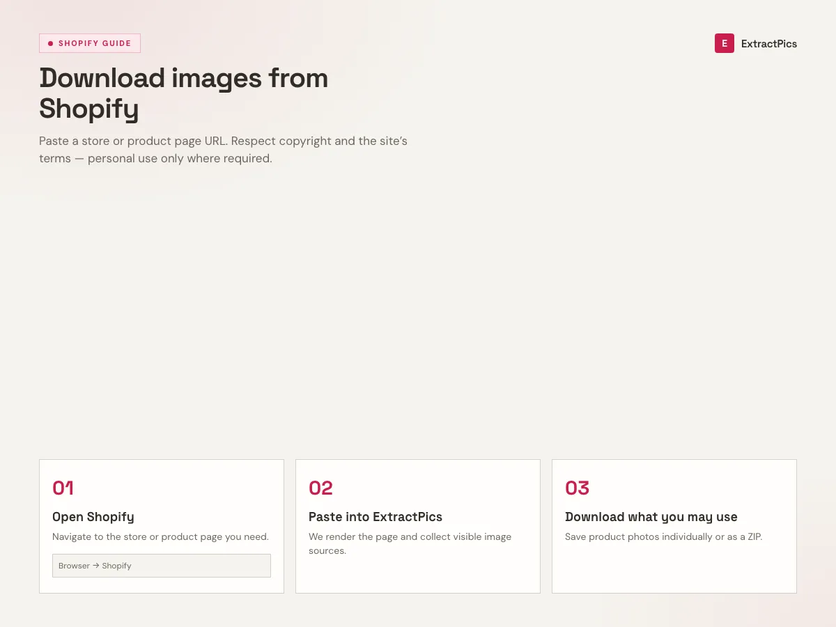 Three-step guide to download images from Shopify using the ExtractPics Shopify image downloader