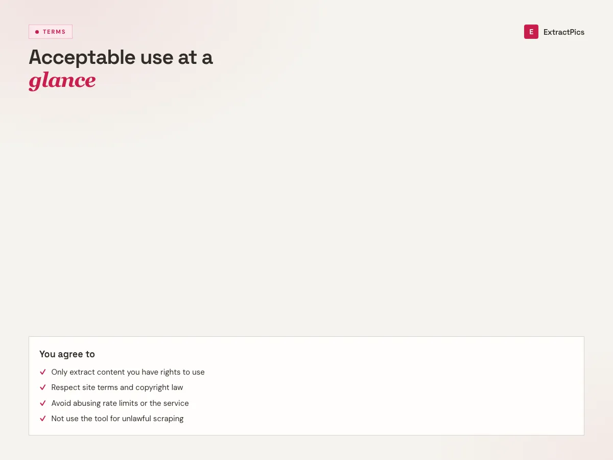Terms of service summary graphic outlining acceptable use of ExtractPics