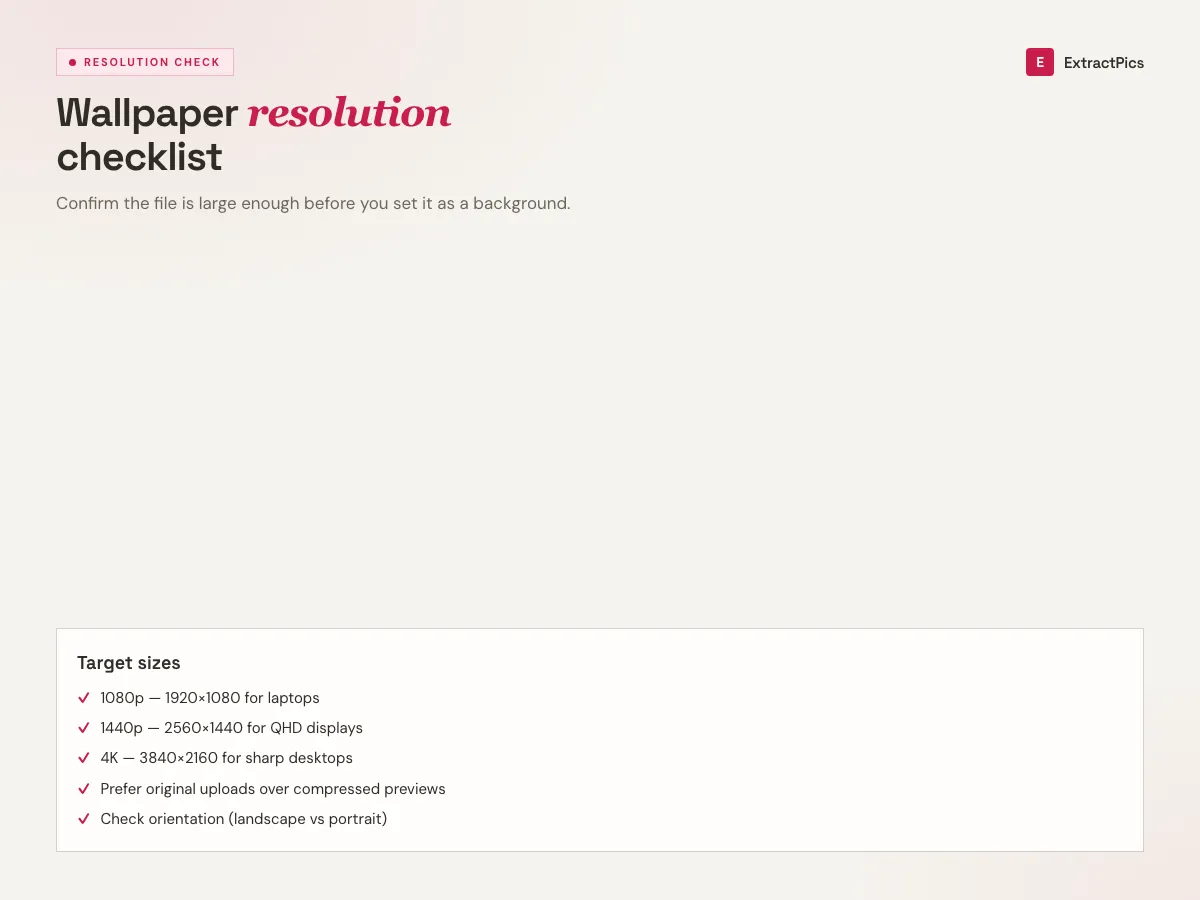 Wallpaper resolution checklist graphic for 1080p, 1440p, and 4K downloads