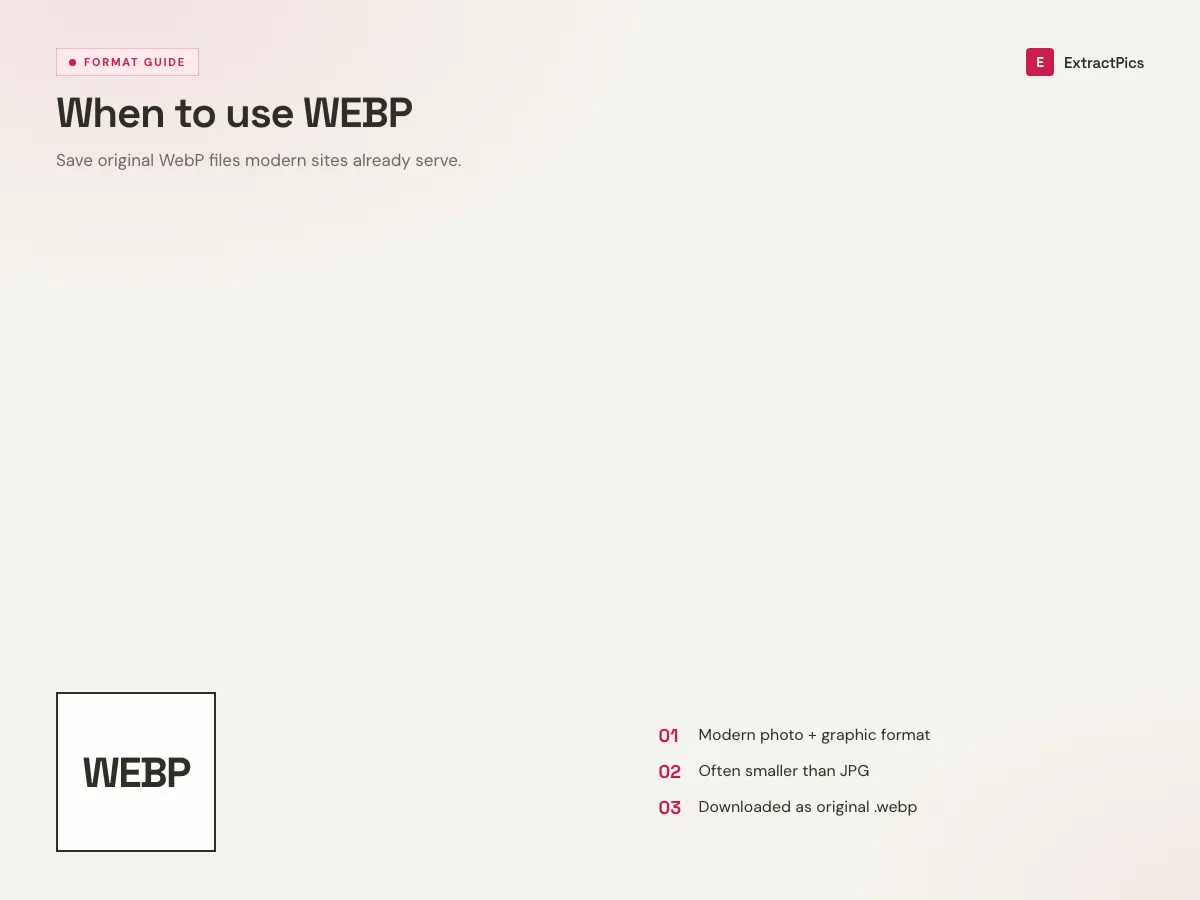 Format guide explaining when to use WEBP files with the ExtractPics WEBP downloader