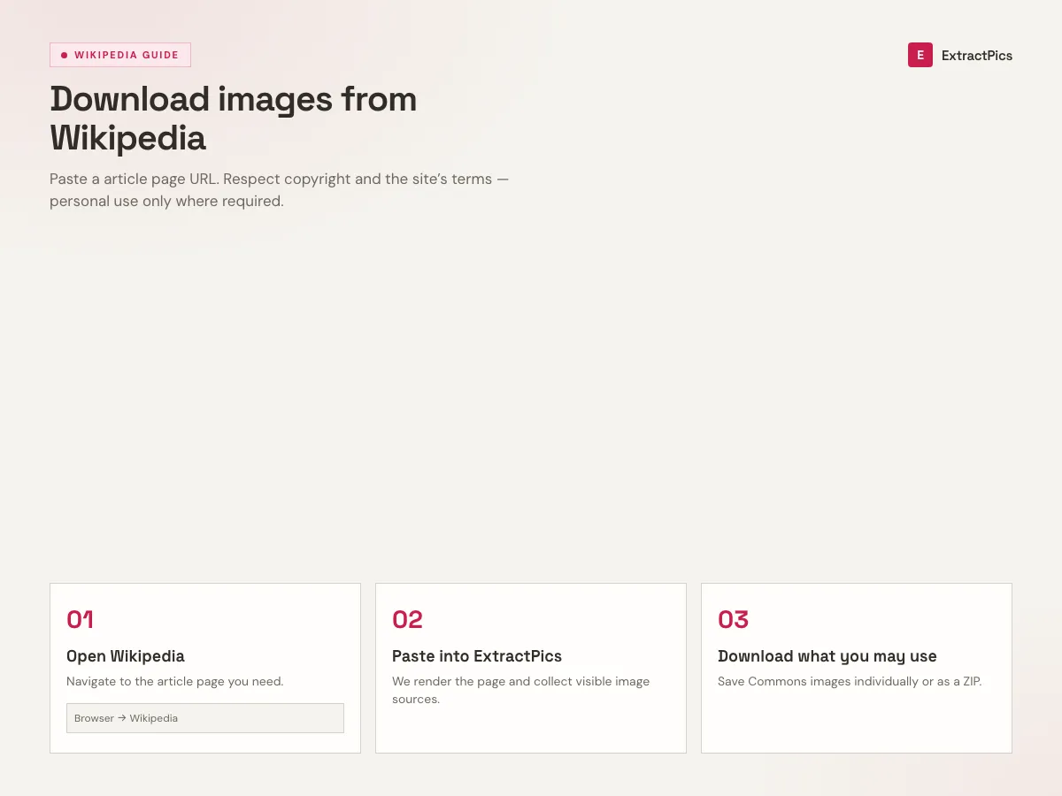 Three-step guide to download images from Wikipedia using the ExtractPics Wikipedia image downloader