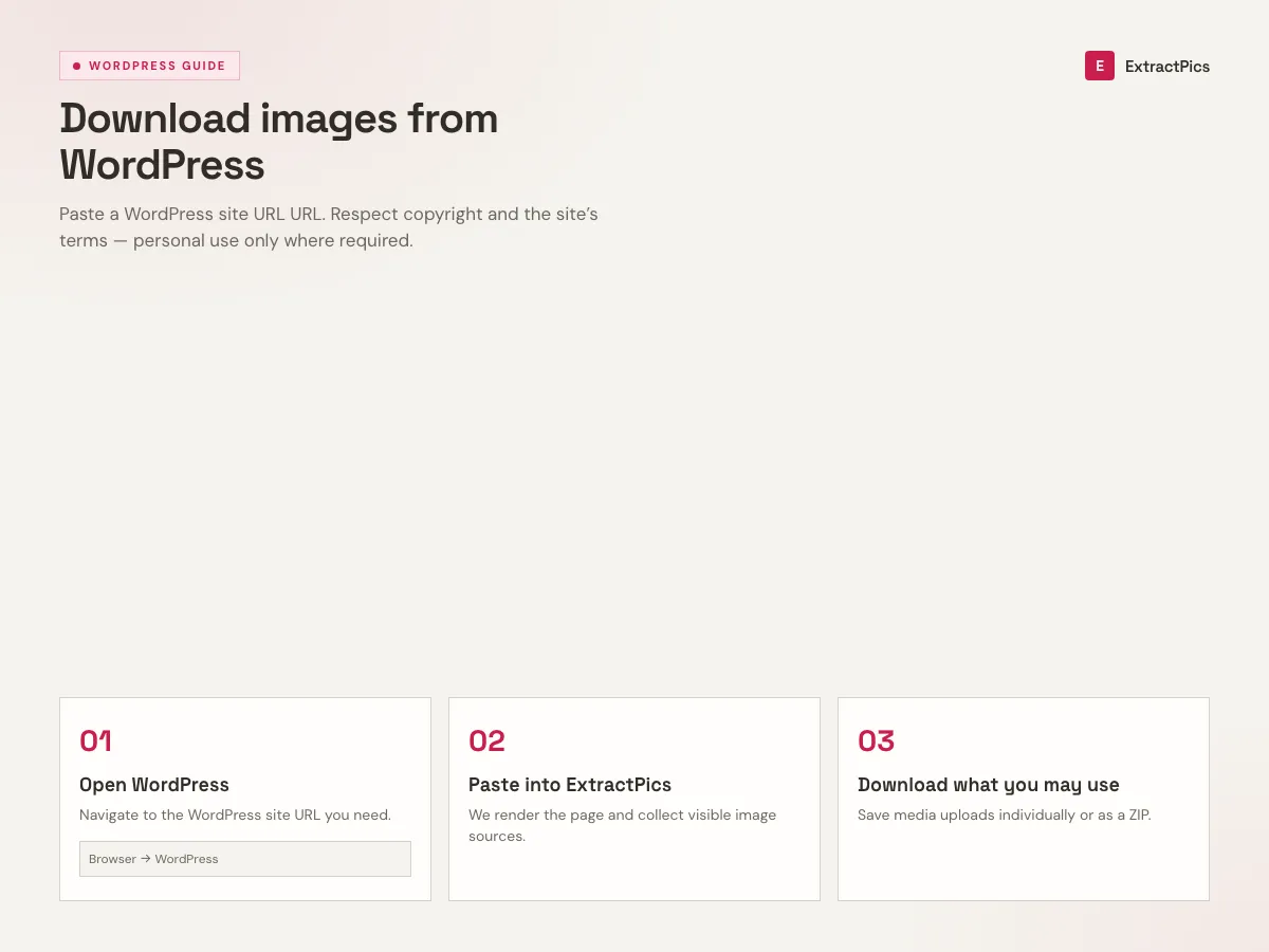 Three-step guide to download images from WordPress using the ExtractPics WordPress image downloader